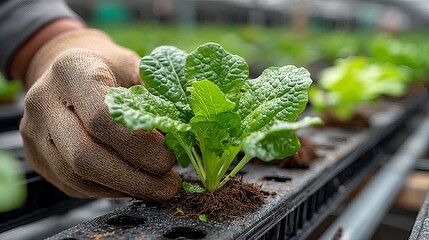 Close-Up of Gloved Hands Harvesting Lettuce in Hydroponic Greenhouse with Water-Based System