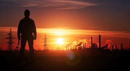 Fototapeta premium Silhouette of a man against a fiery industrial sunset backdrop.