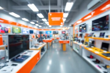 Blurred view of a modern electronics store with displays and products.