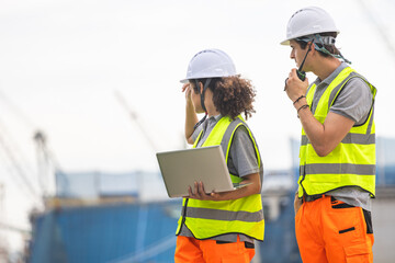 Construction Workers Reviewing Site Plans with Laptop and Radio, Two Industrial Workers in Safety Gear on Port Site, Teamwork and Communication Engineers with Laptop and Walkie-Talkie on Site