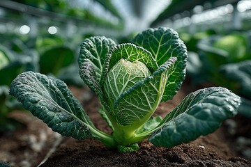 Close-Up of Dew-Covered Cabbages Growing in Rich Soil with Prominent Leaf Texture