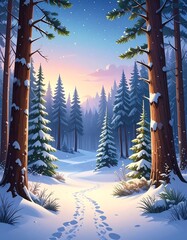Snowy forest path at dawn