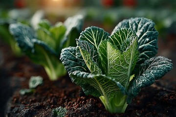 Close-Up of Dew-Covered Cabbages Growing in Rich Soil with Prominent Leaf Texture