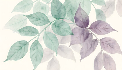 Obraz premium Watercolor Botanical Leaves in Soft Green and Purple Tones on Light Background