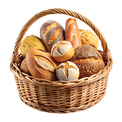 Fresh Bread Basket: A rustic woven basket filled with freshly baked artisan bread, high resolution PNG with sharp edges.
