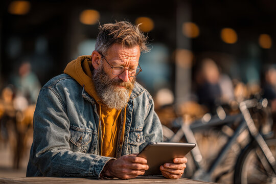 Bearded man in denim jacket and glasses is sitting outdoors, focused on using tablet. background is blurred, suggesting casual, urban setting with bicycles and people - Powered by Adobe