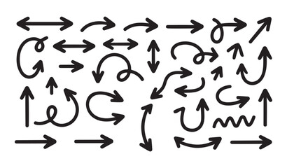 Hand drawn arrows icon set. Sketch curved arrows. Handmade Arrow design. Doodle arrows of various shapes and directions. Pointer and cursor icons.