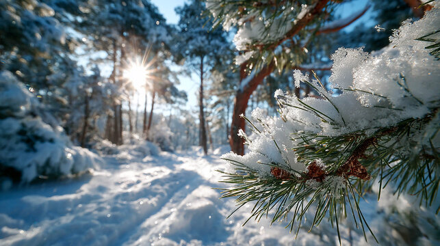 A winter landscape with a snow-covered forest, brightly illuminated by the sun shining through the trees.
