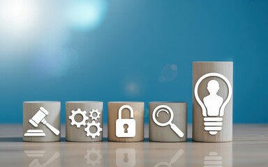 Conceptual illustration of data privacy and compliance principles, featuring icons for law, process, security, and human-centric innovation on ascending blocks