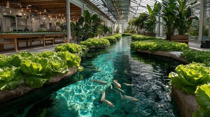 Aquaponic Greenhouse with Central Fish Channel, Raised Lettuce Beds, and Wooden Seating Area