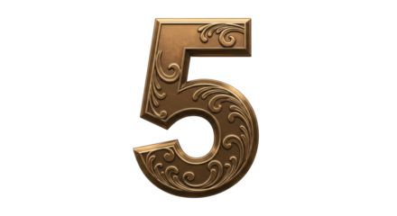 Ornate golden number 5 isolated PNG, vintage style digit with decorative swirls and flourishes for luxury branding and design