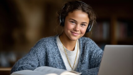 happy schoolgirl wearing headphones studying in front of a laptop with books in a cozy indoor space