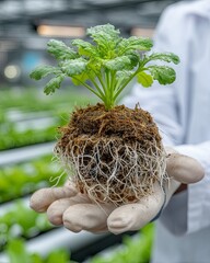 Scientist Holding Healthy Plant with Exposed Roots in Indoor Hydroponic Research Facility