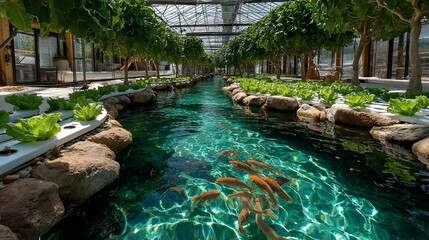 Aquaponic Greenhouse with Central Fish Channel, Raised Lettuce Beds, and Wooden Seating Area