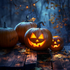 Obraz premium Shining carved Halloween pumpkins lying on the wooden board in a mystical autumn forest at night. Concept of Halloween celebration, Trick or Treat and season.