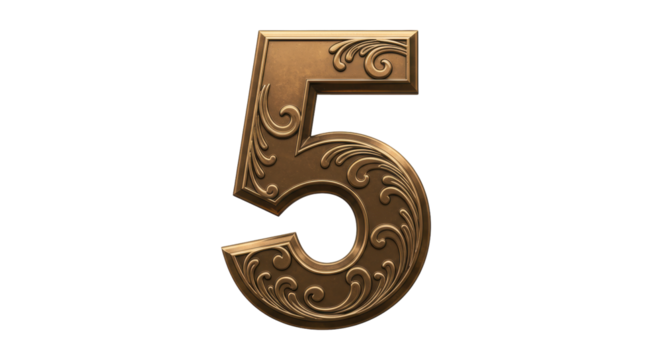 Ornate golden number 5 isolated PNG, vintage style digit with decorative swirls and flourishes for luxury branding and design