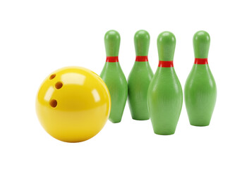 Yellow bowling ball and green pins isolated on white, children s toy for indoor games and active play