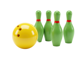 Yellow bowling ball and green pins isolated on white, children s toy for indoor games and active play