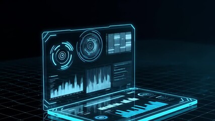 Futuristic digital laptop interface displaying data analysis and information. - Powered by Adobe