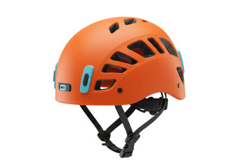 Orange climbing helmet isolated on transparent background, protective headgear for mountaineering...