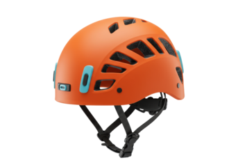 Orange climbing helmet isolated on transparent background, protective headgear for mountaineering and outdoor sports safety