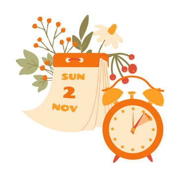 Fall Back in USA and Canada 2025, change clock back one hour, Daylight Saving Time Ends web reminder banner in flat style. Clocks with arrow hand turning back an hour. Flat aesthetic web banner.