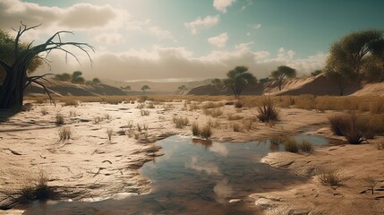 Arid Landscape with Sparse Vegetation and a Shallow Water Reflection Under a Cloudy Sky