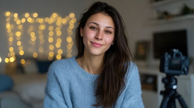young woman blogger in cozy sweater smiling at camera while recording content in a warmly lit modern home
