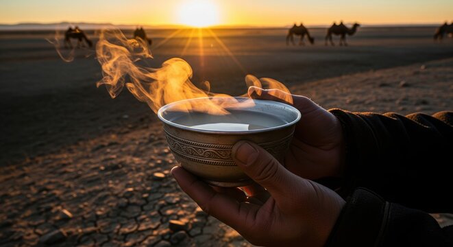 Hands holding a traditional mongolian suutei tsai milk tea with camels in the desert at sunset