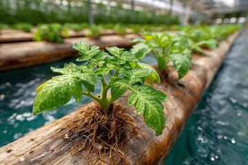 Young Tomato Plants Growing in Hydroponic Greenhouse with Submerged Roots and Structured Supports