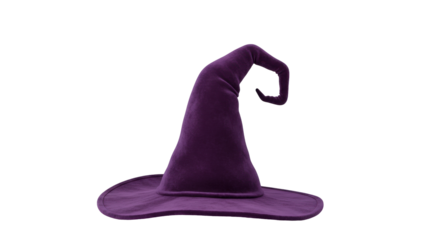 Purple velvet witch hat isolated on transparent background, Halloween costume accessory for spooky season and magical themes