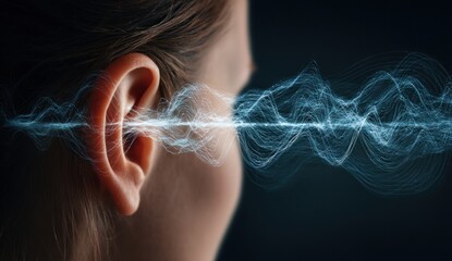 Human ear with sound waves emanating, representing hearing and auditory perception.