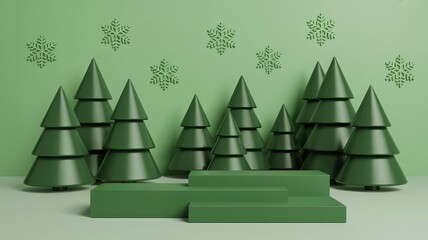 Fototapeta premium Geometric forest green Christmas trees with snowflake accents on light green backdrop