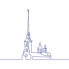 One line continuous illustration of Peter and Paul Fortress in Saint Petersburg, for travel branding, postcards, posters, souvenirs, minimalist design projects