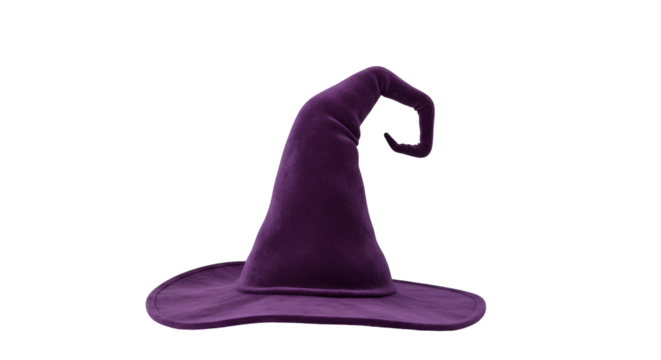 Purple velvet witch hat isolated on transparent background, Halloween costume accessory for spooky season and magical themes
