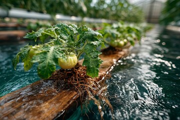 Tomato Plants Growing in Flowing Hydroponic System with Wooden Supports and Early Ripening Fruit