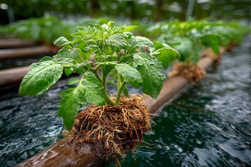 Tomato Plant Growing in Hydroponic System with Submerged Roots and Structured Support in Greenhouse