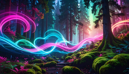 Abstract forest landscape illuminated by aurora-like glowing waves, trees and moss blending with flowing colorful light patterns, surreal dreamlike atmosphere, ultra HD, no text.