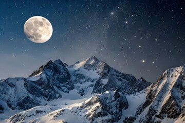 Full Moon Over Snow-Capped Mountain Range Night Sky
Stunning high-res image of a bright full moon and starry night sky above dramatic, snow-capped mountain peaks. Perfect nature and landscape photogra