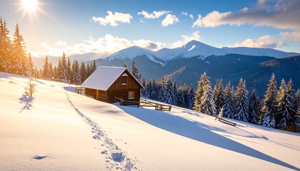 Snowy mountain cabin at sunset