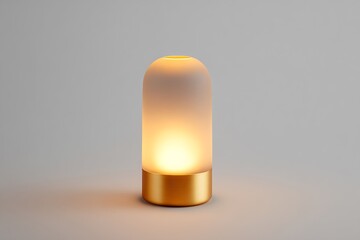 A candle-inspired lamp with cylindrical frosted glass cover and soft golden light on a plain background