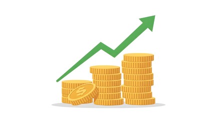 Flat vector of stacked gold coins with upward graph arrow.