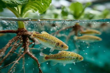 Underwater View of Aquaponics System with Fish Swimming Among Plant Roots and Bubbles