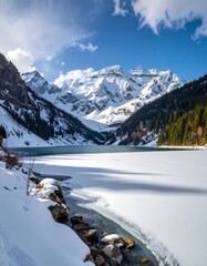 Snowy mountain lake vista