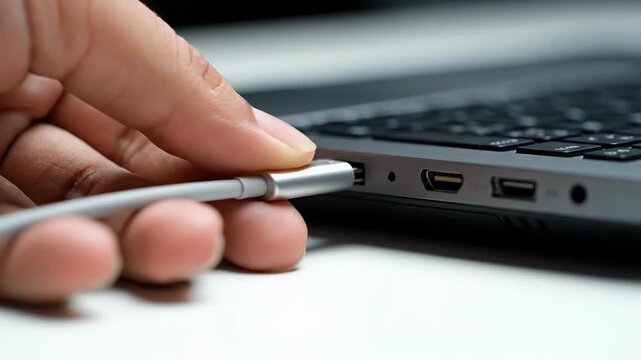 Connecting usbc cable to laptop: stepbystep closeup on detailed plugin process