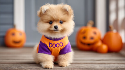 Cute Pomeranian puppy dog in Halloween costume with jack o'lanterns  