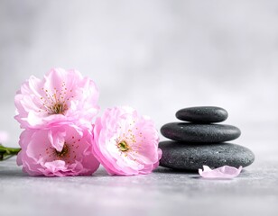 Pink blossoms, stacked stones convey peace, serenity
