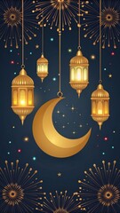 Golden crescent moon and ornate islamic lanterns illuminated against a dark night sky with festive fireworks