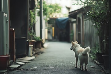White Dog Standing on Quiet Alleyway Street in Japan Looking Ahead