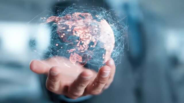 Holographic globe in a hand, network of connections